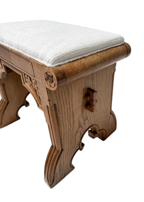 Arts & Crafts Hand-Carved Oak Stools with Boucle Upholstery, 1900s